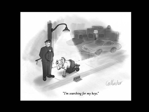 Cartoon showing a drunk man looking for his keys under the light of a lamp post