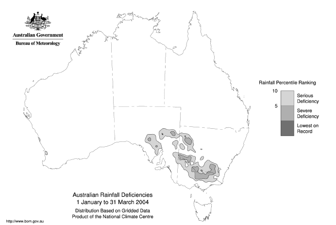 Map 2: Areas suffering continuing rainfall deficiencies Bureau of Meteorology Statement on Drought for the 3-Months 1 January to 31 March 2004. 