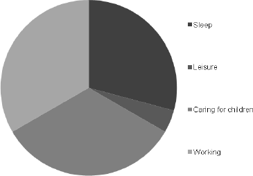Title: Figure 2: Mother's time - Description: This figure is a pie chart illustrating the mother's time allocation. After sleeping time, which is treated as fixed, the mother's remaining time is allocated between working, taking care of children, and leisure.