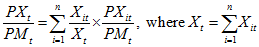 This equation presents the terms of trade as a weighted average of the price of export categories relative to the aggregate import price level. The weights are calculated as the volume of the export categories as a share of the total export volume.