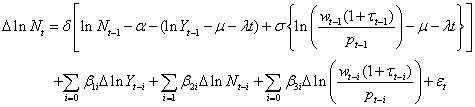Equation 11: This is equation 9 (that is, the empirical labour demand model) with labour augmenting technical change replaced by the linear relationship defined in equation 10.
