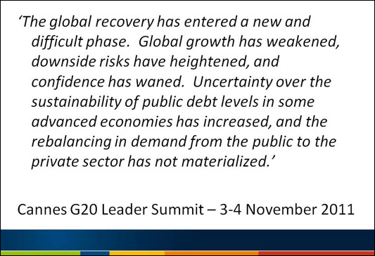Slide 4 - 'The global recovery has entered a new and difficult phase.  Global growth has weakened, downside risks have heightened, and confidence has waned.  Uncertainty over the sustainability of public debt levels in some advanced economies has increased, and the rebalancing in demand from the public to the private sector has not materialized.'