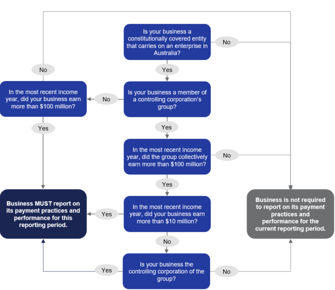 A flowchart of 5 questions with definitions to check if your business is a reporting entity.