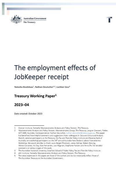 Cover page: The employment effects of JobKeeper receipt